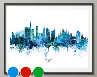 Milan Skyline Italy, Cityscape Art Poster Print Blue Red Green (20759)