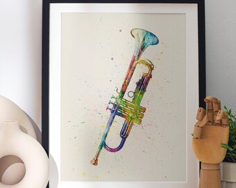 Trumpet Music Instrument, Abstract Watercolor - Art Print Poster