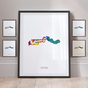Póster con impresión artística de pintura en acuarela con mapa de Gambia MX (10834)