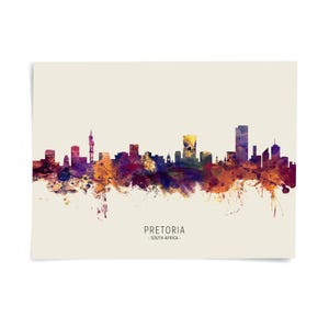 The image is a watercolor painting of the Pretoria skyline, depicting the city's iconic buildings and landmarks in a vibrant, colorful style.