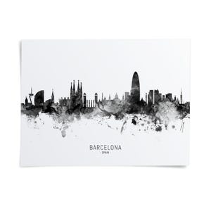 the skyline of Barcelona, Spain, with the city's iconic landmarks and buildings rendered in black and white.