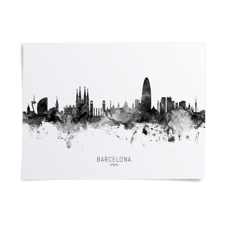 the skyline of Barcelona, Spain, with the city's iconic landmarks and buildings rendered in black and white.