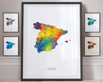 Espana Map, Watercolour Painting Art Print Poster, Portrait - MX (10826)