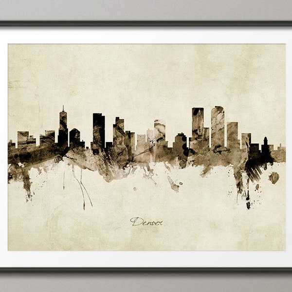 Denver Skyline Colorado, Cityscape Art Print Poster Vintage Sepia (9031)