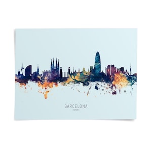 The image is a stylized skyline of Barcelona, Spain, featuring the city's iconic landmarks and architecture in a colorful, abstract manner.