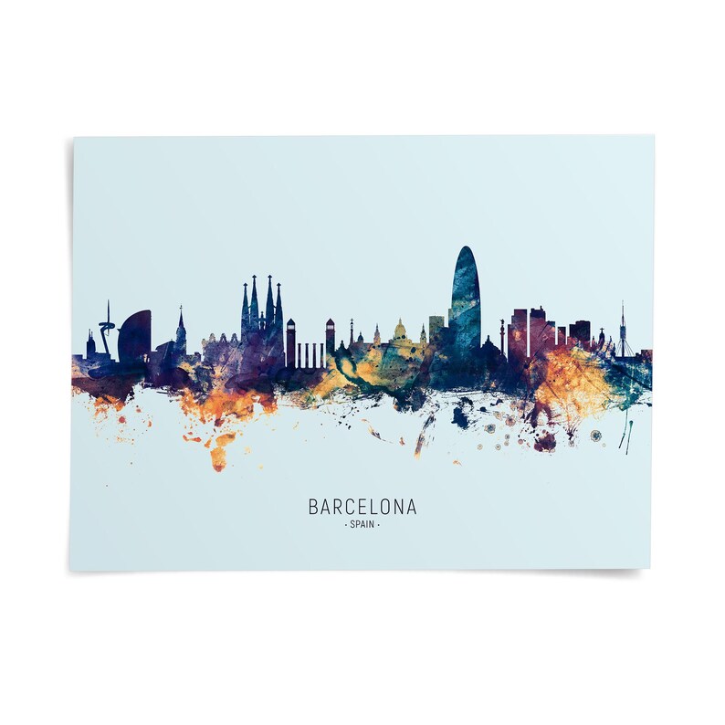 The image is a stylized skyline of Barcelona, Spain, featuring the city's iconic landmarks and architecture in a colorful, abstract manner.