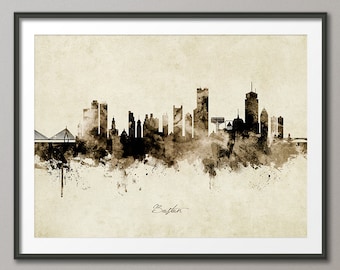 May include: A sepia-toned watercolor illustration of the Boston skyline. The image features a collection of buildings, including skyscrapers, churches, and bridges. The text "Boston" is written in cursive at the bottom of the image.