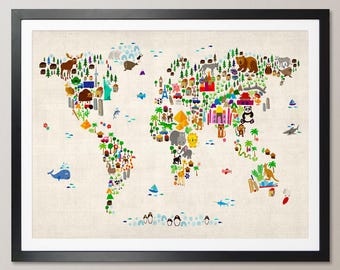 Carte du monde des animaux pour enfants et enfants, affiche d&#39;art (60)