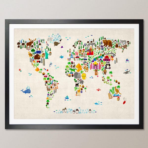 Dierenkaart van de wereld voor kinderen en kinderen, wereldkaart, kunstposter (60)
