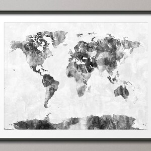 Carte du monde à l'aquarelle, carte du monde en noir et blanc, impression d'art WM (3038)