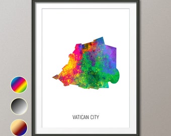 Vatican City Map, Watercolour Art Print Poster, Colour, Black White, Beige 10969