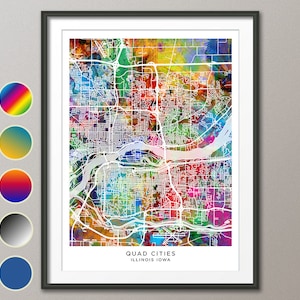 Quad Cities Map, Illinois Iowa City Map, Aquarel Art Print Poster (31285)