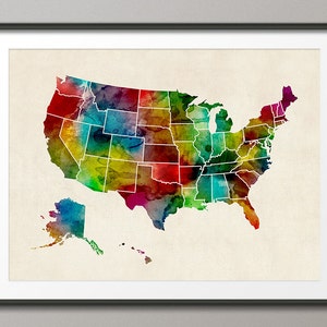 Mapa dos Estados Unidos em aquarela (EUA), impressão artística (1047)