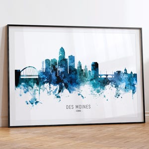 Des Moines Cityscape Iowa, impression d'art mural ligne d'horizon RX (20676)