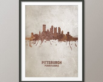 Pittsburgh Skyline Pennsylvania, Rust on Concrete Cityscape Art Print Poster (4589)