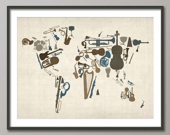 Music Instruments Map of the World Map, Art Print (459)