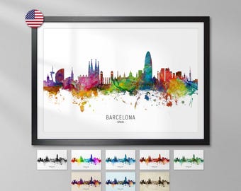 Barcelona Skyline Spain, Cityscape Painting Art Print Poster YX (11996)