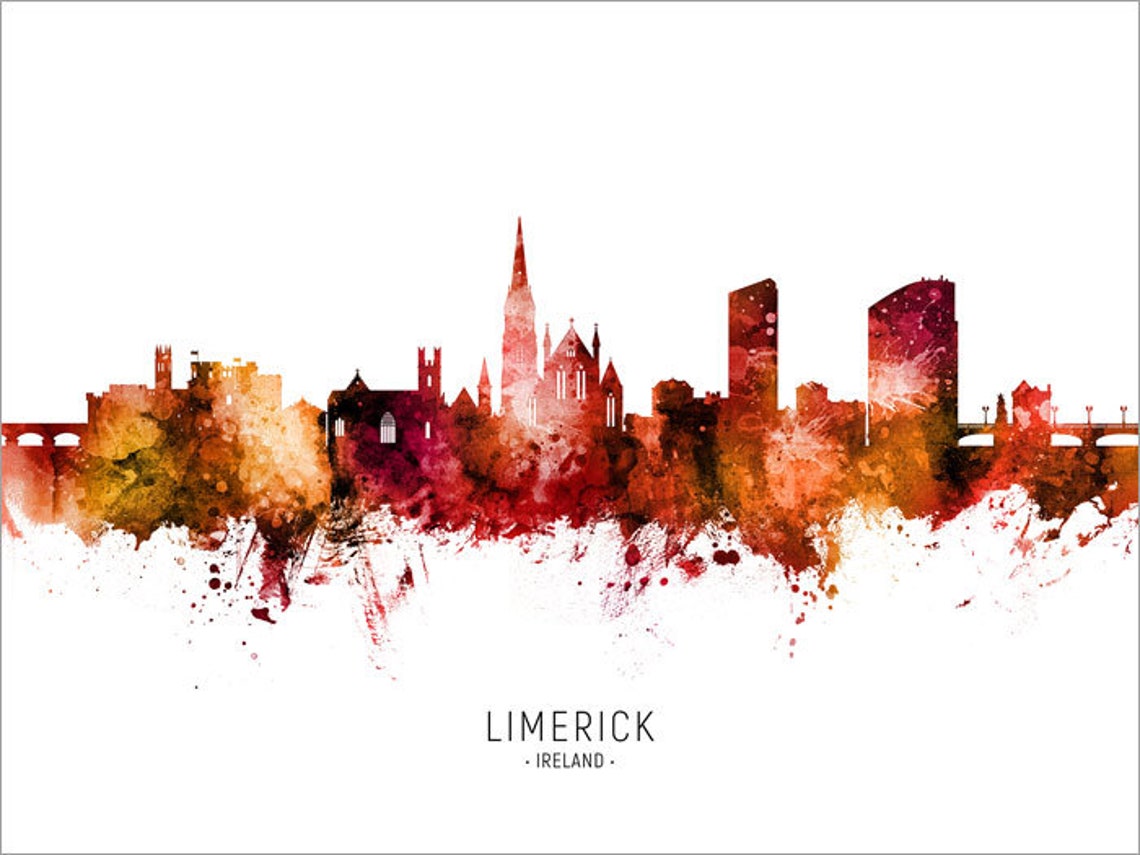 Limerick Skyline Ireland Cityscape Art Poster Print Blue Red Etsy