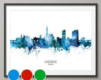 Limerick Skyline Ireland, Cityscape Art Poster Print Blue Red Green (20828)