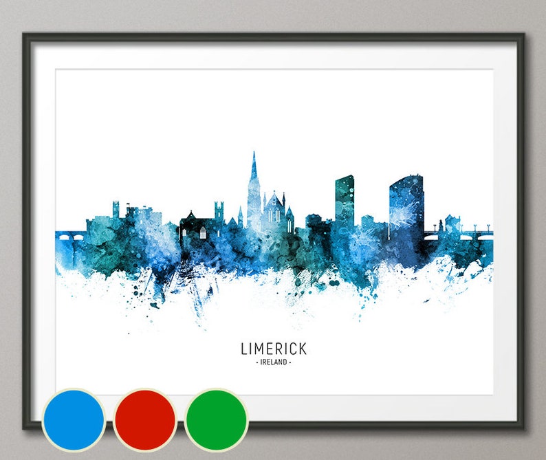 Limerick Skyline Ireland Cityscape Art Poster Print Blue Red Etsy