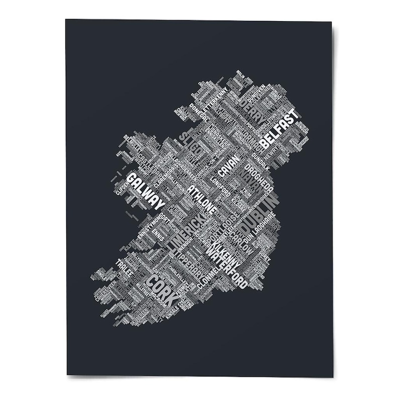 The image is a word cloud depicting the names of various cities and towns in Ireland, including Cork, Galway, Limerick, Waterford, and Belfast.