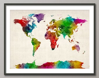 Watercolor Map of the World Map, Art Print (687)