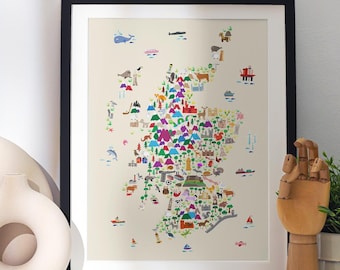 Mapa de animales de Escocia para niños y niñas, mapa de Escocia, póster con impresión artística (2851)
