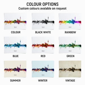 a collection of nine different color options for a city skyline, each with a unique color scheme. The options include "COLOUR", "BLACK WHITE", "RAINBOW", "BLUE", "RED", "GREEN", "SUMMER", "WINTER", and "VINTAGE".