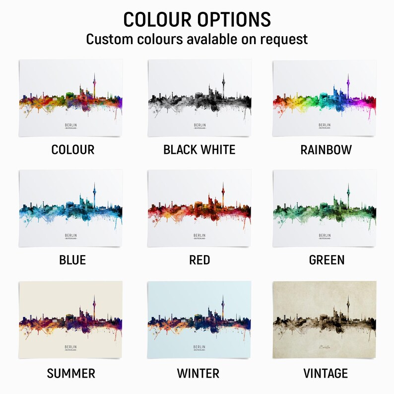 a collection of nine different color options for a city skyline, each with a unique color scheme. The options include "COLOUR", "BLACK WHITE", "RAINBOW", "BLUE", "RED", "GREEN", "SUMMER", "WINTER", and "VINTAGE".