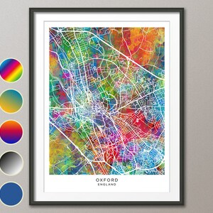 Oxford kaart, Engeland stadskaart, aquarel Art Print Poster (31721)