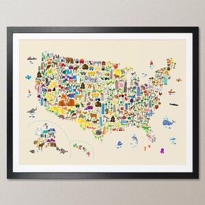 Tierkarte der USA, Landkarte für Kinder, Art Print Poster (4268)
