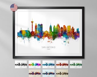 San Antonio Skyline Texas, Cityscape Painting Art Print Poster - YX (8646)