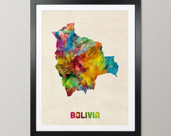 Mapa de Bolivia, póster con impresión artística en acuarela, decoración de pared para viajes por el país - JM (1328)