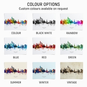 a collection of nine different color options for a New York skyline, each with a unique color scheme. The options include "COLOUR", "BLACK WHITE", "RAINBOW", "BLUE", "RED", "GREEN", "SUMMER", "WINTER", and "VINTAGE".