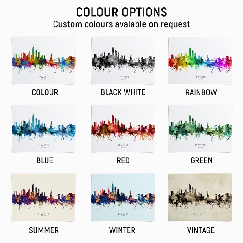 a collection of nine different color options for a New York skyline, each with a unique color scheme. The options include "COLOUR", "BLACK WHITE", "RAINBOW", "BLUE", "RED", "GREEN", "SUMMER", "WINTER", and "VINTAGE".
