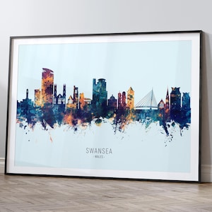 Swansea Skyline Wales, Cityscape Painting Art Print Poster HX (12095)