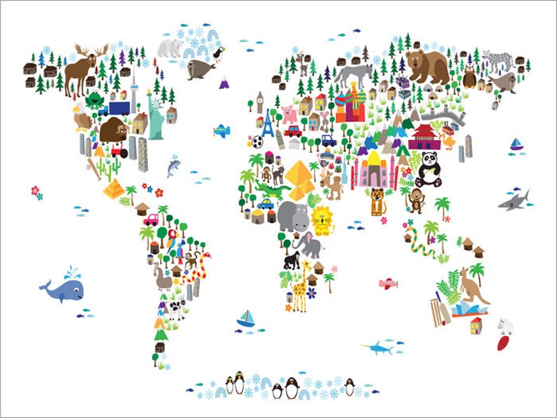 Animal Map of the World Map for children and kids, Art Print 61 image 2