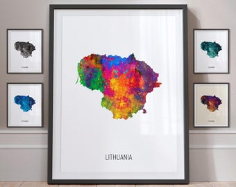 Mapa da Lituânia, pôster com impressão artística em aquarela, retrato - MX (10875)