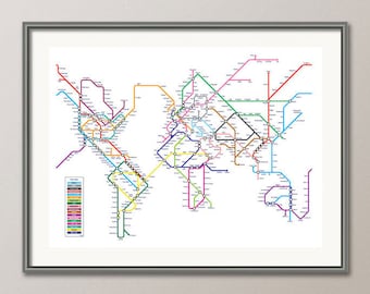 World Map as a Tube Metro Subway System, Art Print (596)