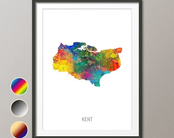 Kent Map, Watercolour Art Print Poster, Colour, Black White, Beige 19847