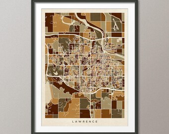 Lawrence Map, Lawrence Kansas City Map, Beige Brown Art Print (3512)
