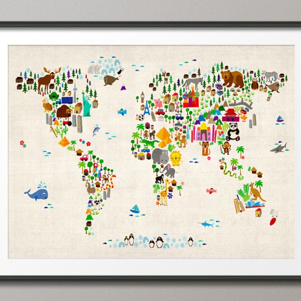 Animal Map of the World Map for children and kids, Art Print (60)