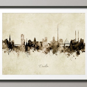 Dublin Skyline Ireland, Cityscape Art Print Poster Vintage Sepia (8958)