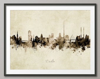 Dublin Skyline Ireland, Cityscape Art Print Poster Vintage Sepia (8958)