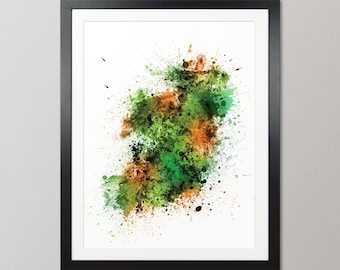 Ireland Map, Abstract Paint Splashes Art Print Poster, Portrait - SP (2036)