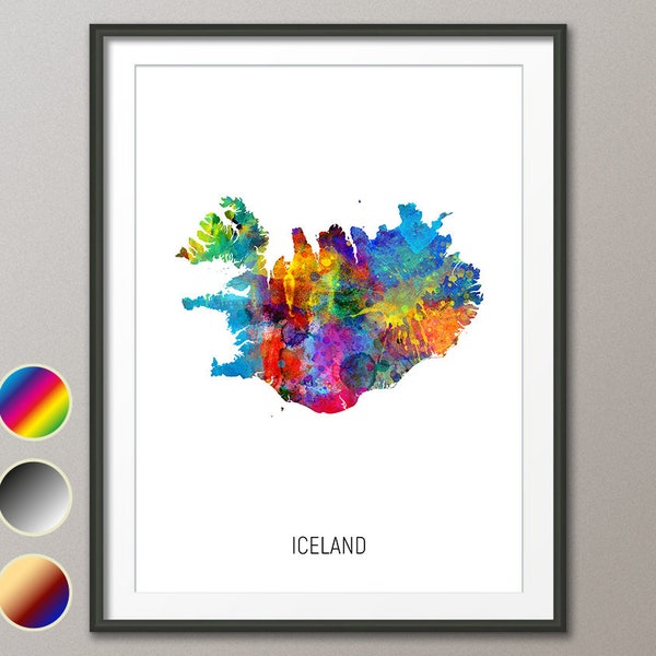 Islande Carte, Aquarelle Art Print Poster, Couleur, Noir Blanc, Beige (10849)