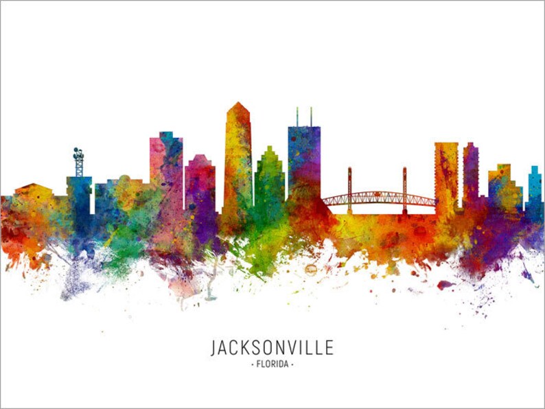 Jacksonville Skyline Floride, Paysage urbain Peinture Art Print Poster CX 6693 Include City Name