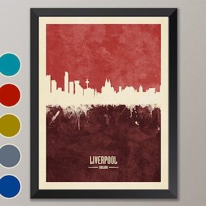 May include: A red and brown watercolor cityscape print of Liverpool, England. The skyline is white and the city name is written in black at the bottom of the print.