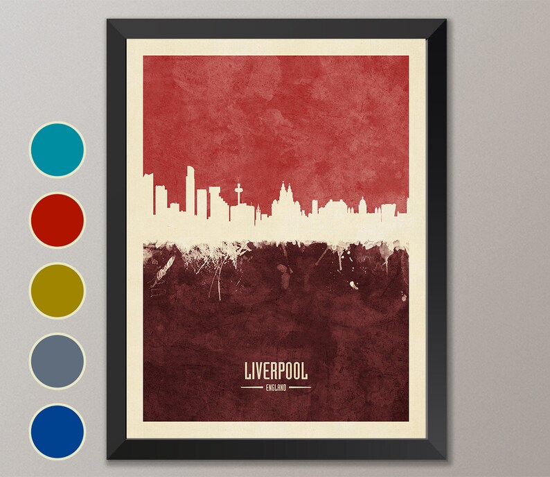 May include: A red and brown watercolor cityscape print of Liverpool, England. The skyline is white and the city name is written in black at the bottom of the print.