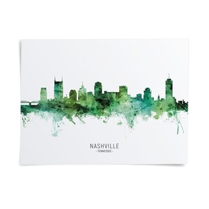 A watercolor-style illustration of the Nashville skyline, with the city's buildings depicted in a greenish-blue color.